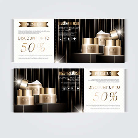 Gift voucher hydrating facial cream for annual sale or festival sale. silver and gold cream mask bottle isolated on glitter particles background. Banner graceful cosmetic ads, illustration.のイラスト素材