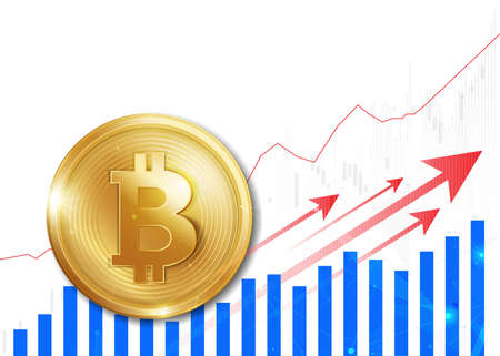 Financial growth concept with golden Bitcoins. up or down income graph with bitcoin vector design. concept of monetary collection or strategy of profit or benefit making in business.のイラスト素材