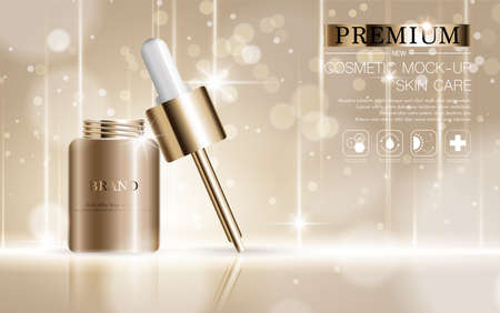 Hydrating facial serum for annual sale or festival sale. silver and gold serum mask bottle isolated on glitter particles background. Graceful cosmetic ads, illustration.のイラスト素材