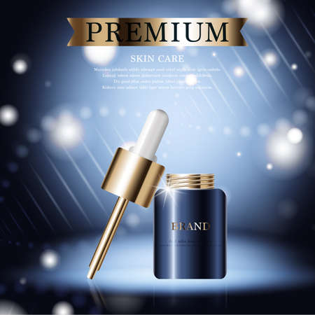Hydrating facial serum for annual sale or festival sale. silver and gold serum mask bottle isolated on glitter particles background. Graceful cosmetic ads, illustration.のイラスト素材