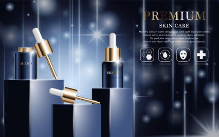 Hydrating facial serum for annual sale or festival sale. silver and gold serum mask bottle isolated on glitter particles background. Graceful cosmetic ads, illustration.のイラスト素材