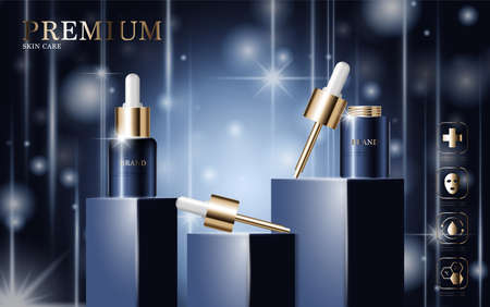 Hydrating facial serum for annual sale or festival sale. silver and gold serum mask bottle isolated on glitter particles background. Graceful cosmetic ads, illustration.のイラスト素材