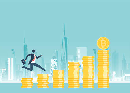 Financial growth concept with golden Bitcoins. up or down income graph with bitcoin vector design. concept of monetary collection or strategy of profit or benefit making in business.のイラスト素材
