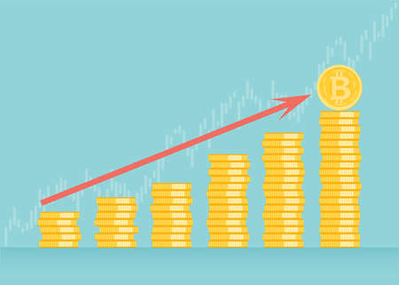 Financial growth concept with golden Bitcoins. up or down income graph with bitcoin vector design. concept of monetary collection or strategy of profit or benefit making in business.のイラスト素材