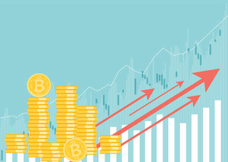 Financial growth concept with golden Bitcoins. up or down income graph with bitcoin vector design. concept of monetary collection or strategy of profit or benefit making in business.のイラスト素材