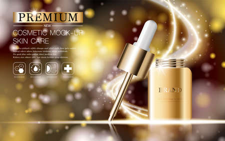 Hydrating facial serum for annual sale or festival sale. silver and gold serum mask bottle isolated on glitter particles background. Graceful cosmetic ads, illustration.のイラスト素材