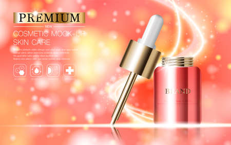 Hydrating facial serum for annual sale or festival sale. silver and gold serum mask bottle isolated on glitter particles background. Graceful cosmetic ads, illustration.のイラスト素材