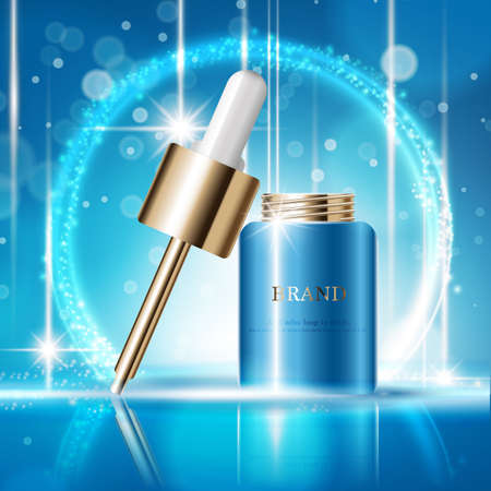Hydrating facial serum for annual sale or festival sale. silver and gold serum mask bottle isolated on glitter particles background. Graceful cosmetic ads, illustration.のイラスト素材