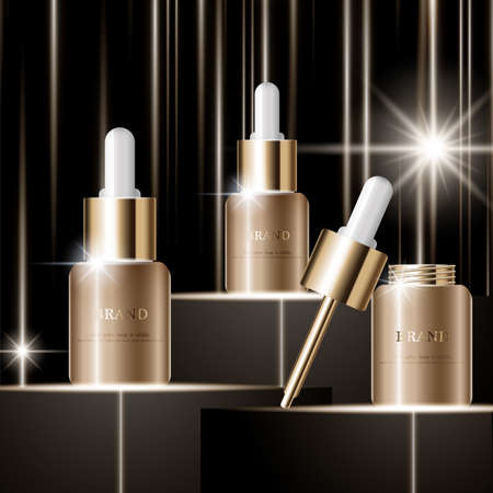 Hydrating facial serum for annual sale or festival sale. silver and gold serum mask bottle isolated on glitter particles background. Graceful cosmetic ads, illustration.のイラスト素材