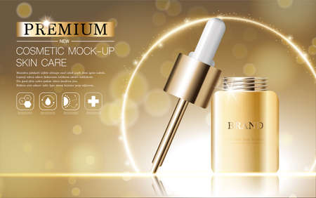 Hydrating facial serum for annual sale or festival sale. silver and gold serum mask bottle isolated on glitter particles background. Graceful cosmetic ads, illustration.のイラスト素材