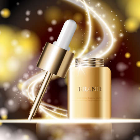 Hydrating facial serum for annual sale or festival sale. silver and gold serum mask bottle isolated on glitter particles background. Graceful cosmetic ads, illustration.のイラスト素材