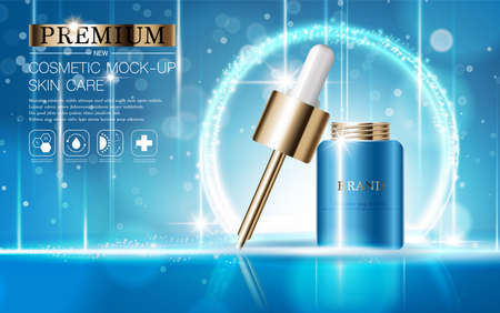 Hydrating facial serum for annual sale or festival sale. silver and gold serum mask bottle isolated on glitter particles background. Graceful cosmetic ads, illustration.のイラスト素材