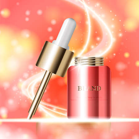 Hydrating facial serum for annual sale or festival sale. silver and gold serum mask bottle isolated on glitter particles background. Graceful cosmetic ads, illustration.のイラスト素材