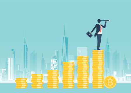 Financial growth concept with golden Bitcoins. up or down income graph with bitcoin vector design. concept of monetary collection or strategy of profit or benefit making in business.のイラスト素材