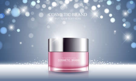 cosmetic product poster, bottle package design with moisturizer cream or liquid, sparkling background with glitter polka, vector design.のイラスト素材