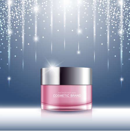 cosmetic product poster, bottle package design with moisturizer cream or liquid, sparkling background with glitter polka, vector design.のイラスト素材