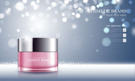 cosmetic product poster, bottle package design with moisturizer cream or liquid, sparkling background with glitter polka, vector design.のイラスト素材