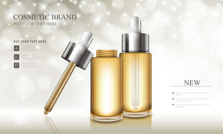 cosmetic product poster, bottle package design with moisturizer cream or liquid, sparkling background with glitter polka, vector design.のイラスト素材
