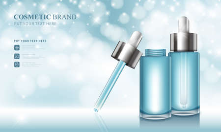 cosmetic product poster, bottle package design with moisturizer cream or liquid, sparkling background with glitter polka, vector design.のイラスト素材
