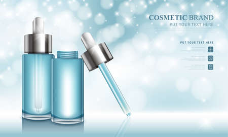 cosmetic product poster, bottle package design with moisturizer cream or liquid, sparkling background with glitter polka, vector design.のイラスト素材