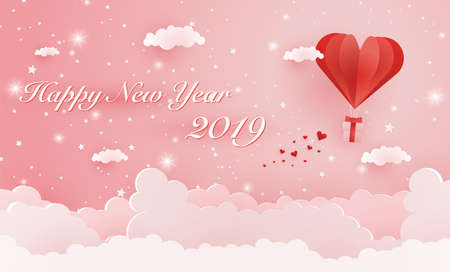 Origami made hot air balloon flying on the sky with heart float on the sky, illustration of love and valentine day, merry christmas, happy new year vector paper art and craft style illustration.のイラスト素材