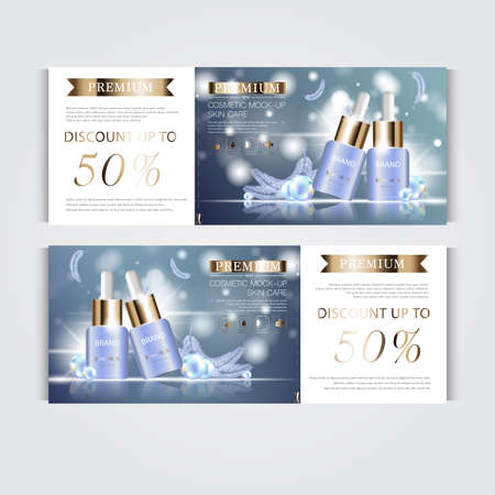 silver and gold serum mask bottle isolated on glitter particles background. Banner graceful cosmetic ads, illustration.のイラスト素材