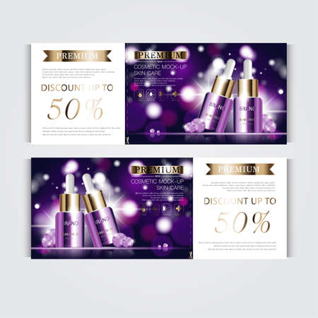 silver and gold serum mask bottle isolated on glitter particles background. Banner graceful cosmetic ads, illustration.のイラスト素材