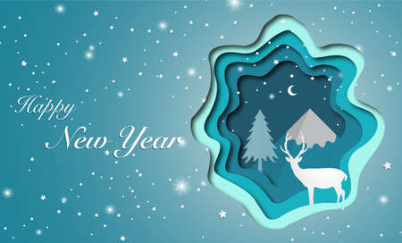 Deer in forest with snow, vector paper art and craft style illustration. illustration of love and valentine day, merry christmas, happy new year vector paper art.のイラスト素材
