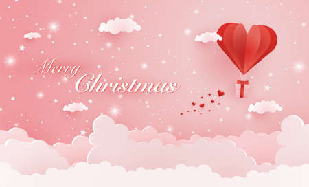 Origami made hot air balloon flying on the sky with heart float on the sky, illustration of love and valentine day, merry christmas, happy new year vector paper art and craft style illustration.のイラスト素材