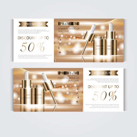 silver and gold serum mask bottle isolated on glitter particles background. Banner graceful cosmetic ads, illustration.のイラスト素材