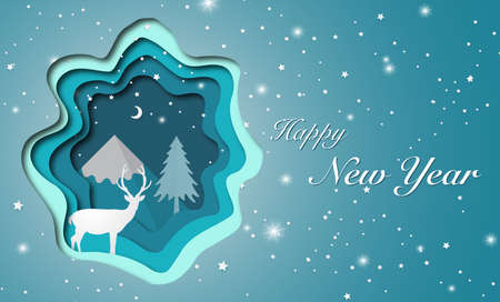 Deer in forest with snow, vector paper art and craft style illustration. illustration of love and valentine day, merry christmas, happy new year vector paper art.のイラスト素材