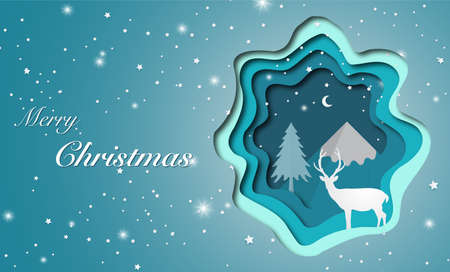 Deer in forest with snow, vector paper art and craft style illustration. illustration of love and valentine day, merry christmas, happy new year vector paper art.のイラスト素材