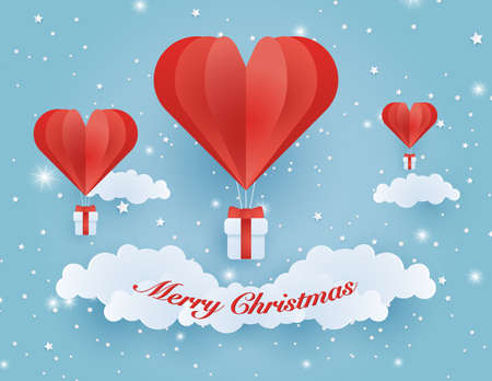 Origami made hot air balloon flying on the sky with heart float on the sky, illustration of love and valentine day, merry christmas, happy new year vector paper art and craft style illustration.のイラスト素材