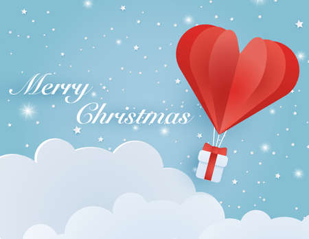Origami made hot air balloon flying on the sky with heart float on the sky, illustration of love and valentine day, merry christmas, happy new year vector paper art and craft style illustration.のイラスト素材