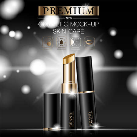 Hydrating facial lipstick for annual sale or festival sale. silver and gold lipstick mask bottle isolated on glitter particles background. Graceful cosmetic ads, illustration.のイラスト素材