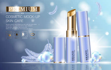 Hydrating facial lipstick for annual sale or festival sale. silver and gold lipstick mask bottle isolated on glitter particles background. Graceful cosmetic ads, illustration.のイラスト素材
