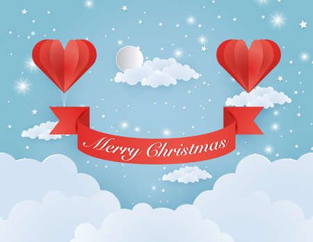 Origami made hot air balloon flying on the sky with heart float on the sky, illustration of love and valentine day, merry christmas, happy new year vector paper art and craft style illustration.のイラスト素材