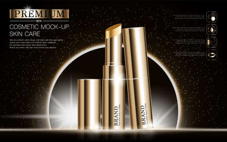 Hydrating facial lipstick for annual sale or festival sale. silver and gold lipstick mask bottle isolated on glitter particles background. Graceful cosmetic ads, illustration.のイラスト素材