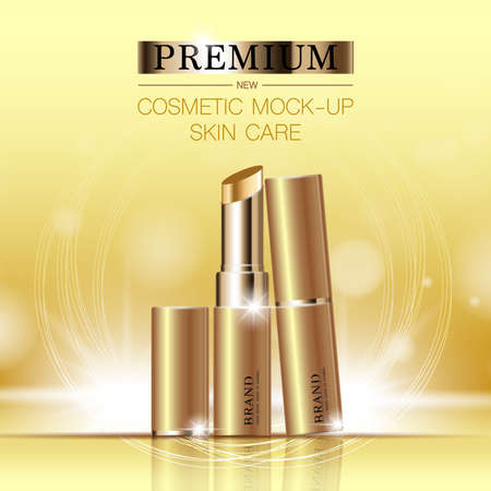 Hydrating facial lipstick for annual sale or festival sale. silver and gold lipstick mask bottle isolated on glitter particles background. Graceful cosmetic ads, illustration.のイラスト素材