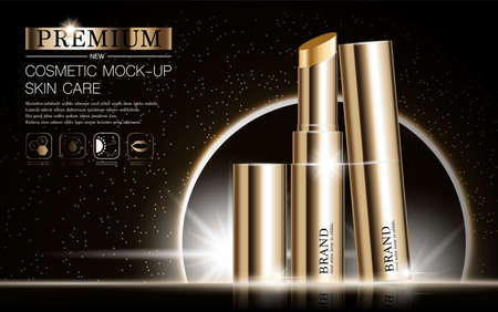 Hydrating facial lipstick for annual sale or festival sale. silver and gold lipstick mask bottle isolated on glitter particles background. Graceful cosmetic ads, illustration.のイラスト素材