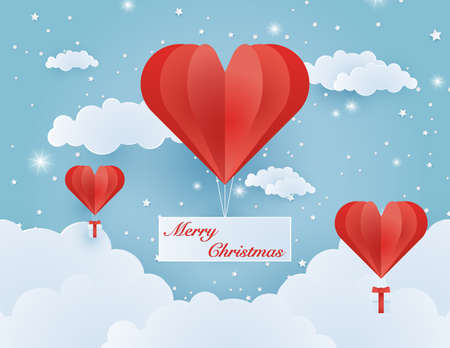 Origami made hot air balloon flying on the sky with heart float on the sky, illustration of love and valentine day, merry christmas, happy new year vector paper art and craft style illustration.のイラスト素材
