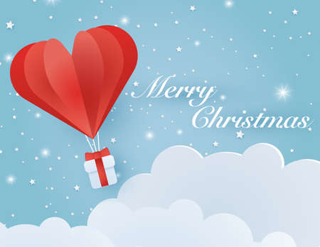 Origami made hot air balloon flying on the sky with heart float on the sky, illustration of love and valentine day, merry christmas, happy new year vector paper art and craft style illustration.のイラスト素材