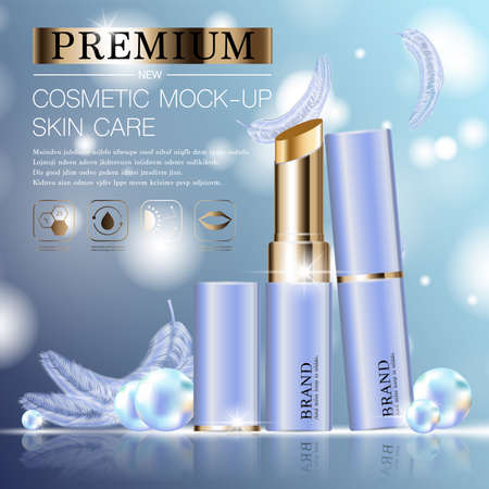 Hydrating facial lipstick for annual sale or festival sale. silver and gold lipstick mask bottle isolated on glitter particles background. Graceful cosmetic ads, illustration.のイラスト素材