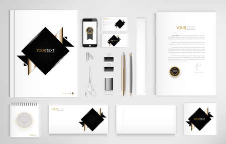 Set of office documents for business, Include laptop, tablet, smartphone, pen, pencils, paperclip, business cards, envelope, document file, certificate, vector Illustration.のイラスト素材