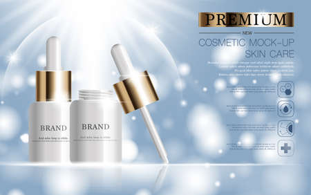Hydrating facial serum for annual sale or festival sale. silver and gold serum mask bottle isolated on glitter particles background. Graceful cosmetic ads, illustration.のイラスト素材