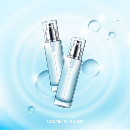 cosmetic product poster, bottle package design with moisturizer cream or liquid, sparkling background with glitter polka, vector design.のイラスト素材