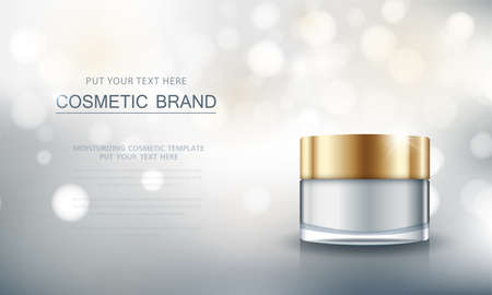cosmetic product poster, bottle package design with moisturizer cream or liquid, sparkling background with glitter polka, vector design.のイラスト素材