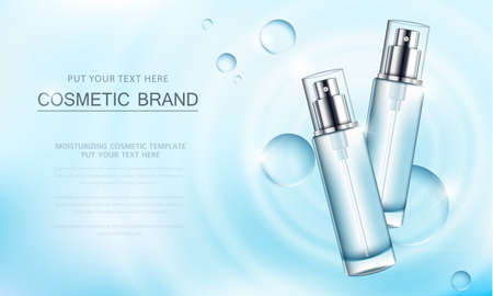 cosmetic product poster, bottle package design with moisturizer cream or liquid, sparkling background with glitter polka, vector design.のイラスト素材