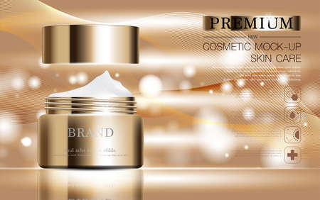 Hydrating facial skincare for annual sale or festival sale. silver brown cream mask bottle isolated on glitter particles background for product presentation. Graceful cosmetic ads, Vector illustrationのイラスト素材