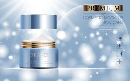 Hydrating facial skincare for annual sale or festival sale. silver brown cream mask bottle isolated on glitter particles background for product presentation. Graceful cosmetic ads, Vector illustrationのイラスト素材